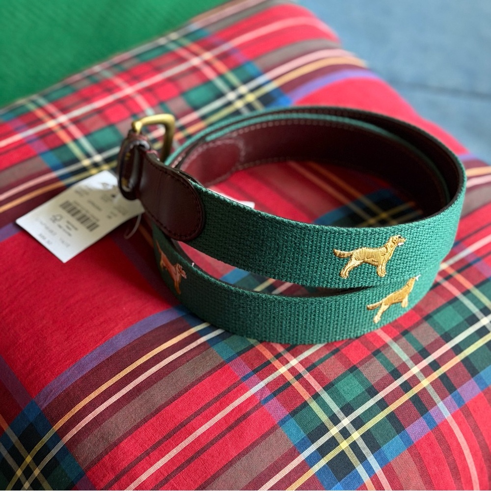 J CREW 🦮 NWT Men’s Green & Brown ‘Golden Retriever’ Cotton/Leather Belt - 38